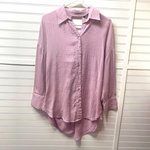 Zara Pink Lilac Oversized Knotted Back Long Sleeve Button Front Shirt Size S - Picture 3 of 11
